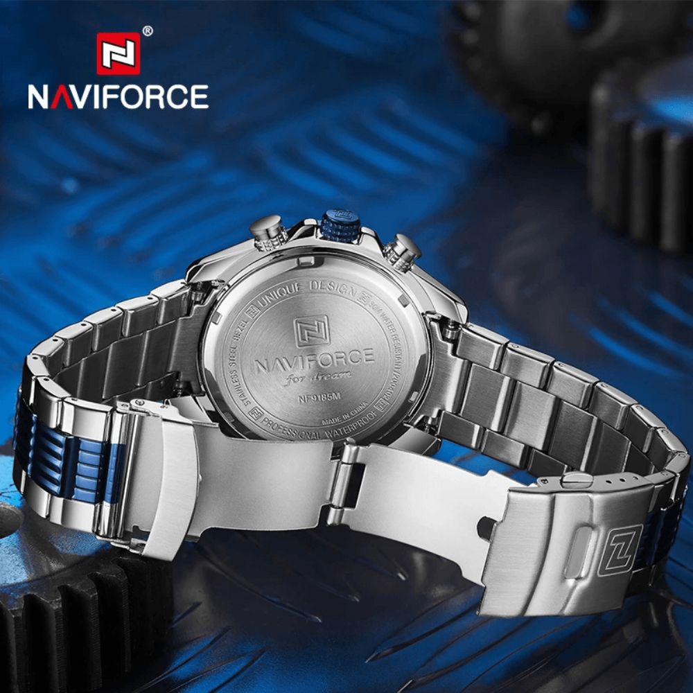 Naviforce 9185 Luminous Display Kalender Volledig Stalen Quartz Horloge Modieuze Waterdichte Herenhorloges