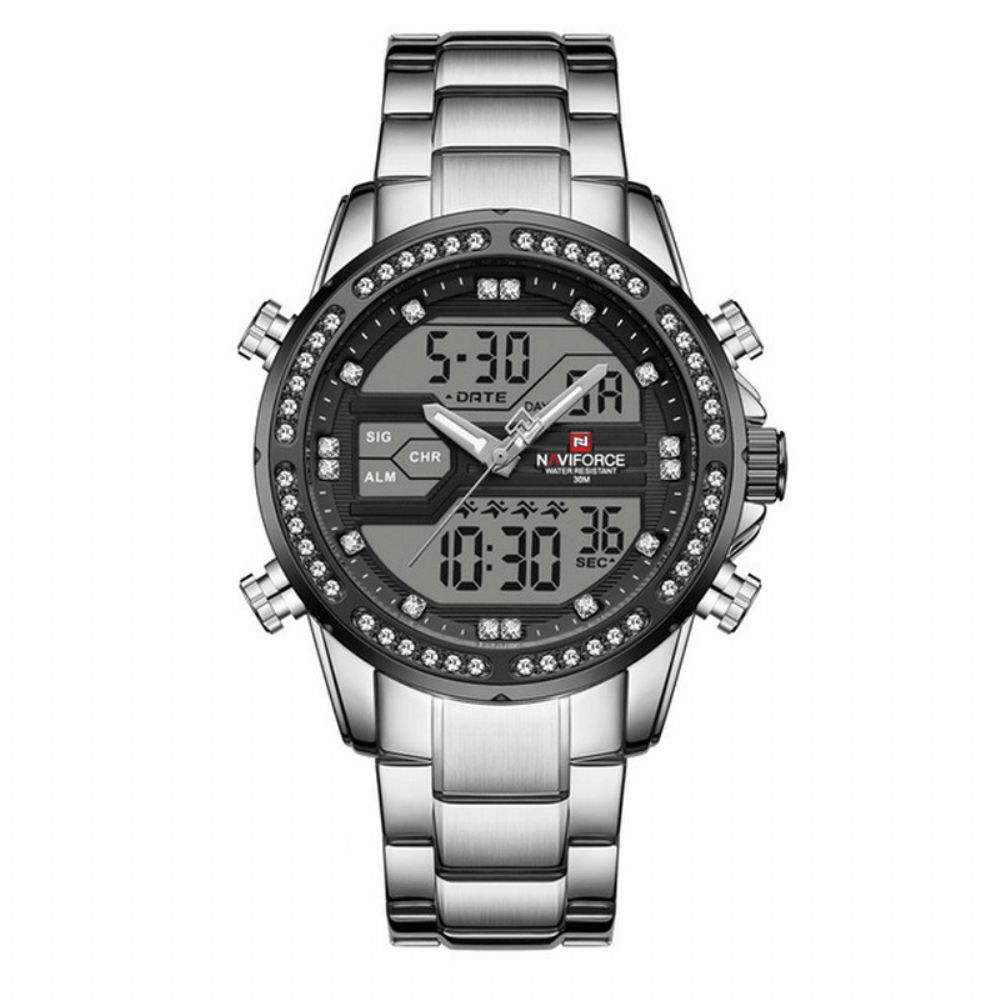 Naviforce 9190 Crystal Full Steel Band Dual Display Horloge Kalender Alarm Heren Polshorloge