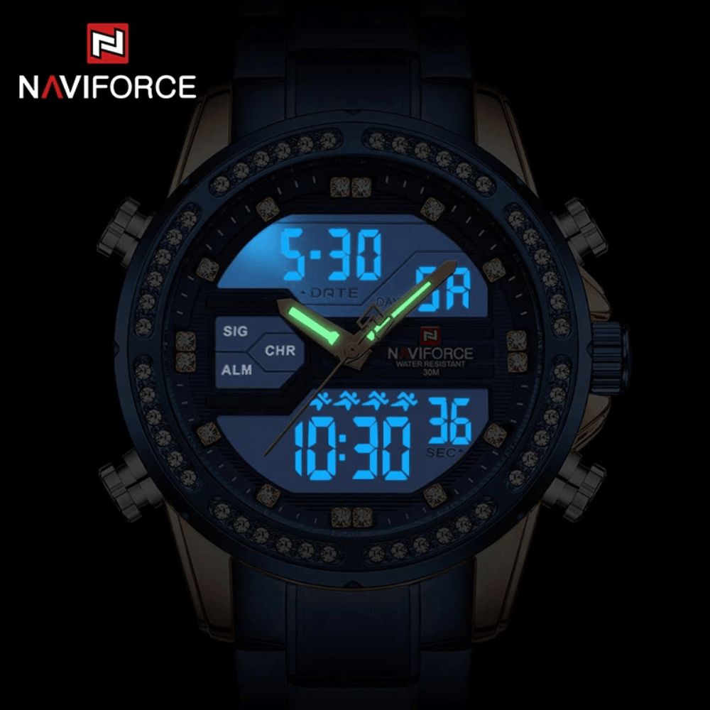 Naviforce 9190 Crystal Full Steel Band Dual Display Horloge Kalender Alarm Heren Polshorloge