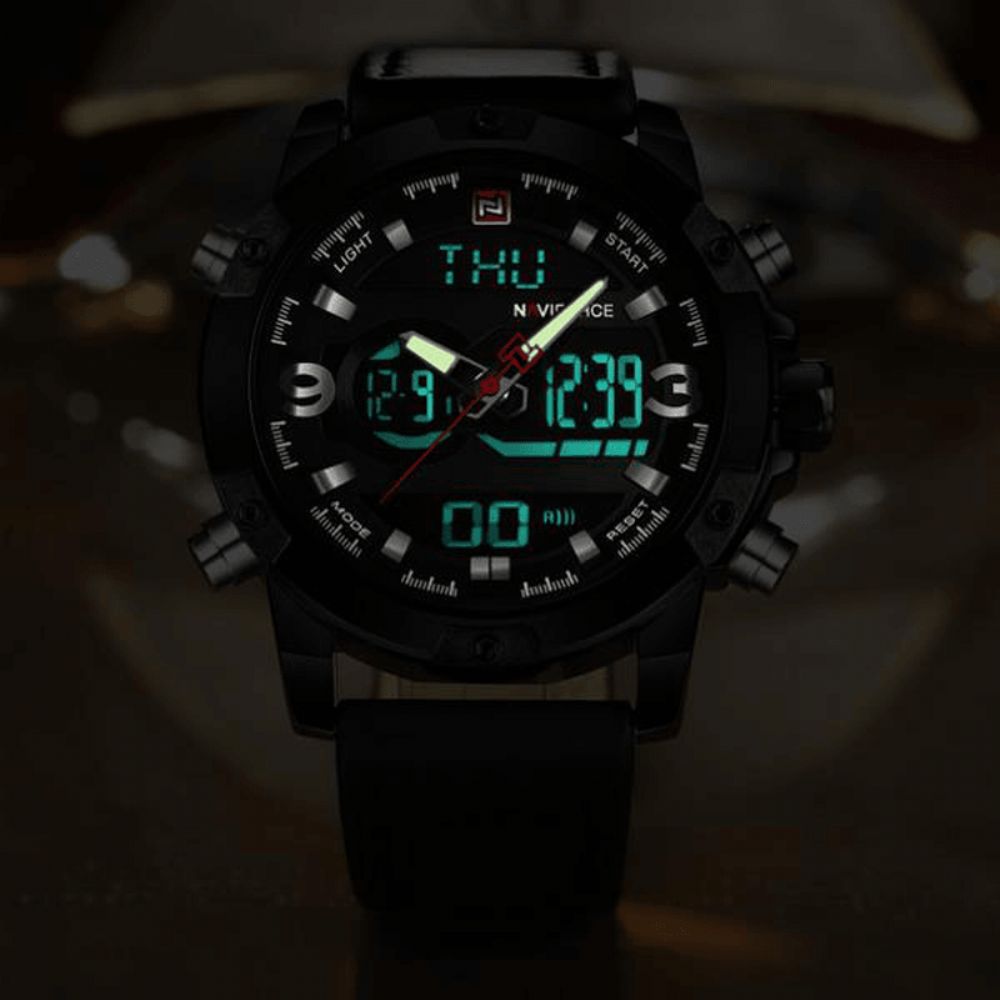 Naviforce Nf9097 Mode Heren Dual Display Horloge Luxe Lederen Band Sporthorloge