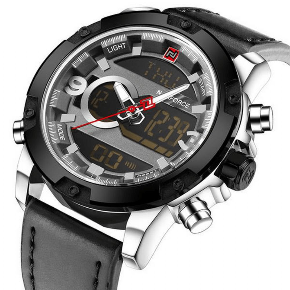 Naviforce Nf9097 Mode Heren Dual Display Horloge Luxe Lederen Band Sporthorloge