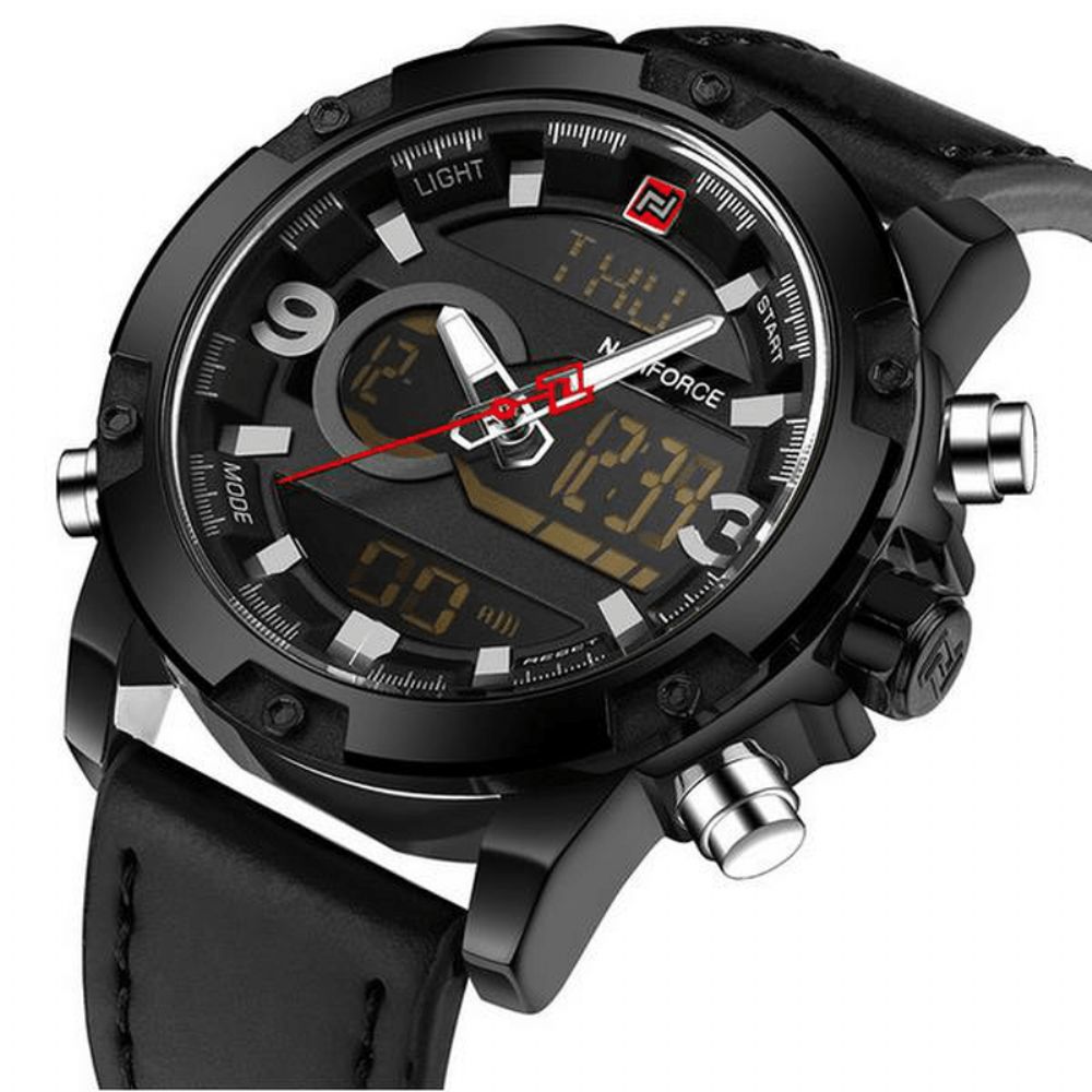 Naviforce Nf9097 Mode Heren Dual Display Horloge Luxe Lederen Band Sporthorloge