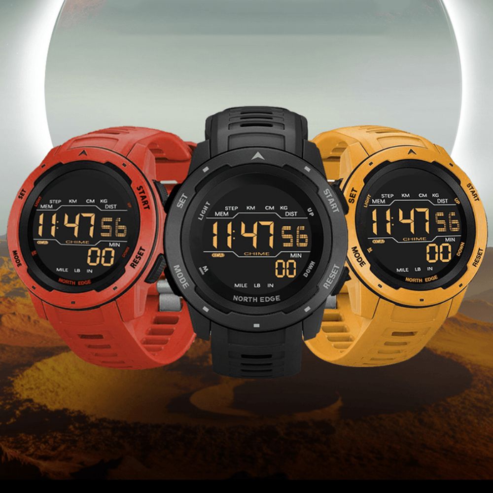 North Edge Mars Alarm Stappenteller Countdown Sporthorloge 50M Waterdicht Fstn-Scherm Digitaal Horloge