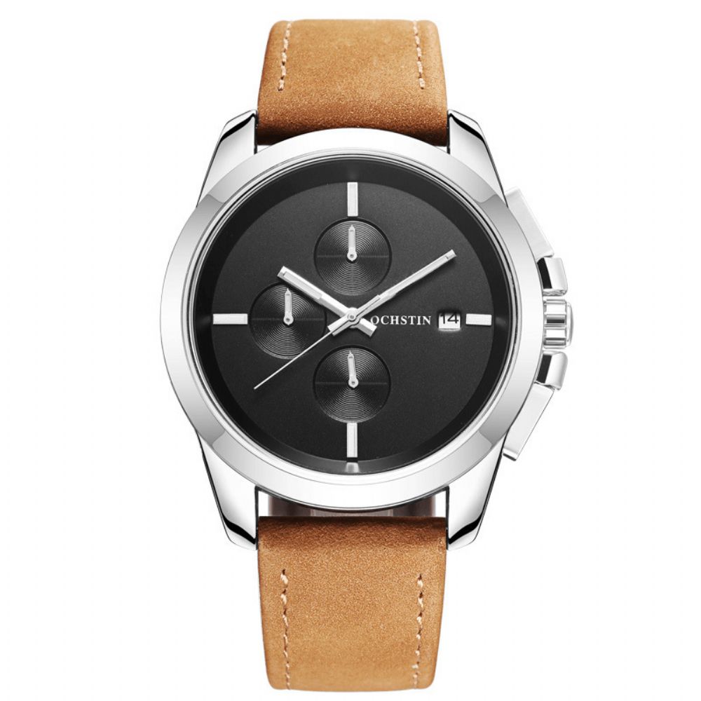 Ochstin Gq059A Echt Leer Casual Stijl Heren Polshorloge Kalender Quartz Horloge