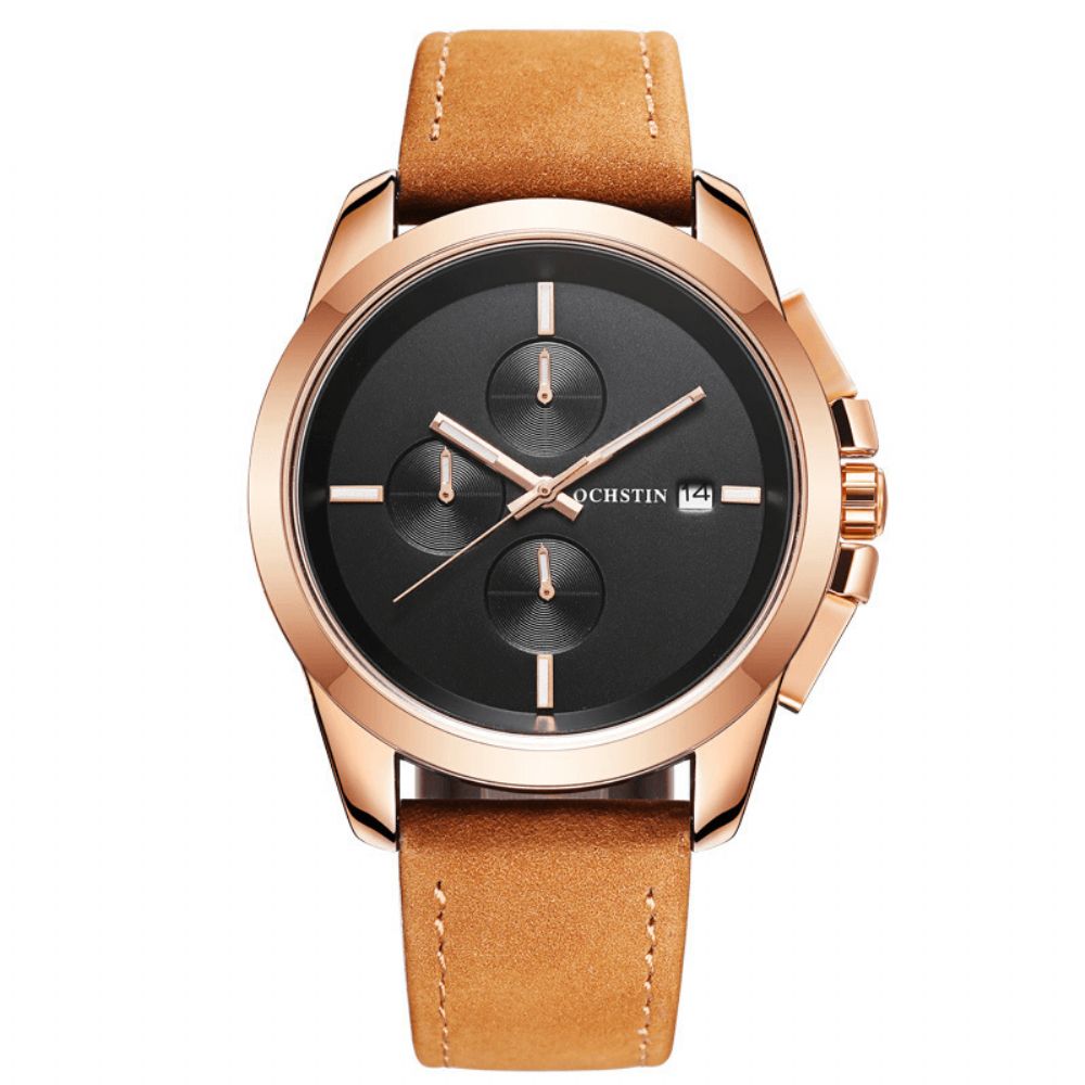 Ochstin Gq059A Echt Leer Casual Stijl Heren Polshorloge Kalender Quartz Horloge