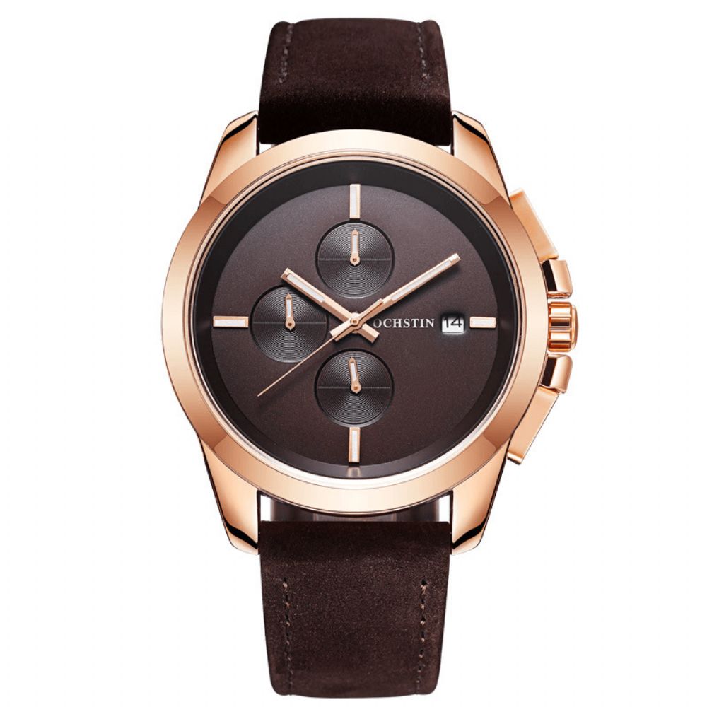 Ochstin Gq059A Echt Leer Casual Stijl Heren Polshorloge Kalender Quartz Horloge