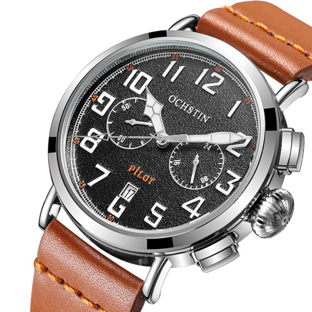 Ochstin Gq077A Kalender Casual Stijl Heren Polshorloge Lederen Band Elegant Quartz Horloge