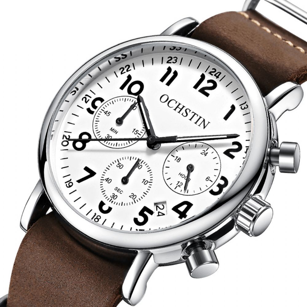 Ochstin Gq081A Chronograaf Casual Stijl Heren Polshorloge Echt Lederen Band Quartz Horloge