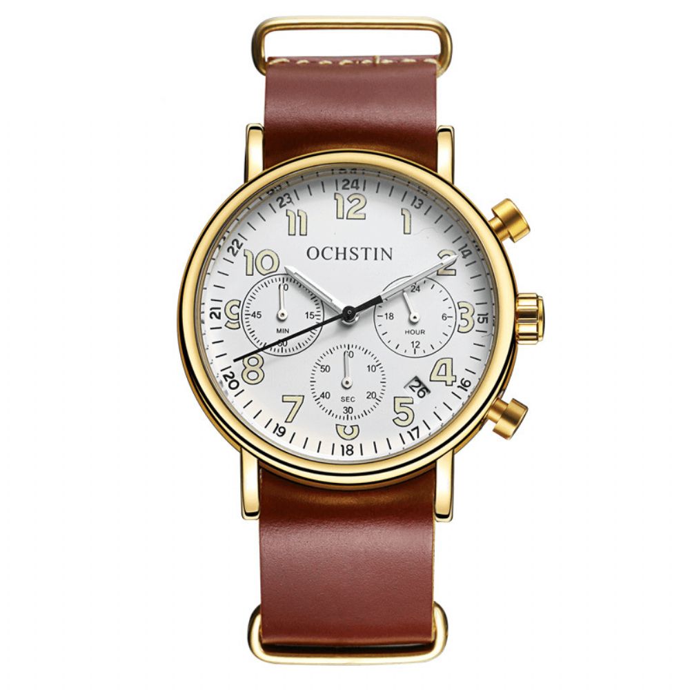 Ochstin Gq081A Chronograaf Casual Stijl Heren Polshorloge Echt Lederen Band Quartz Horloge