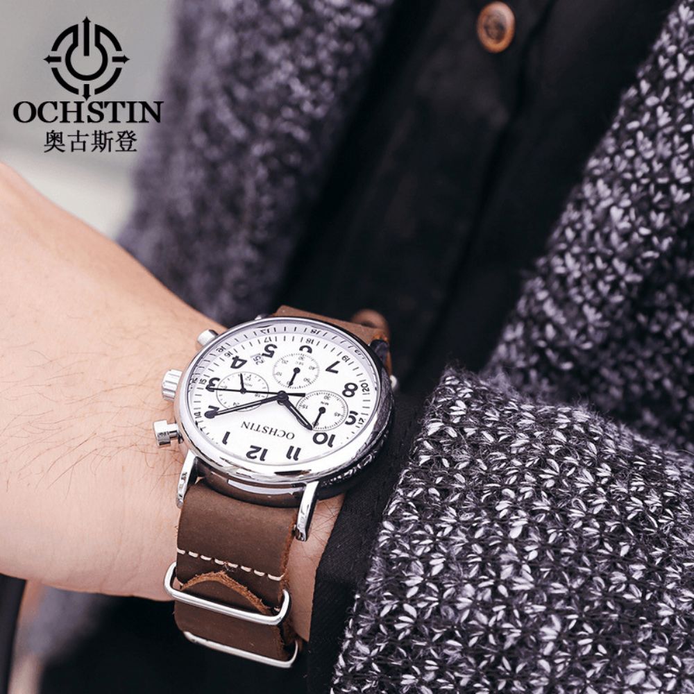 Ochstin Gq081A Chronograaf Casual Stijl Heren Polshorloge Echt Lederen Band Quartz Horloge