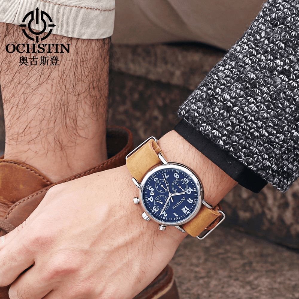 Ochstin Gq081A Chronograaf Casual Stijl Heren Polshorloge Echt Lederen Band Quartz Horloge