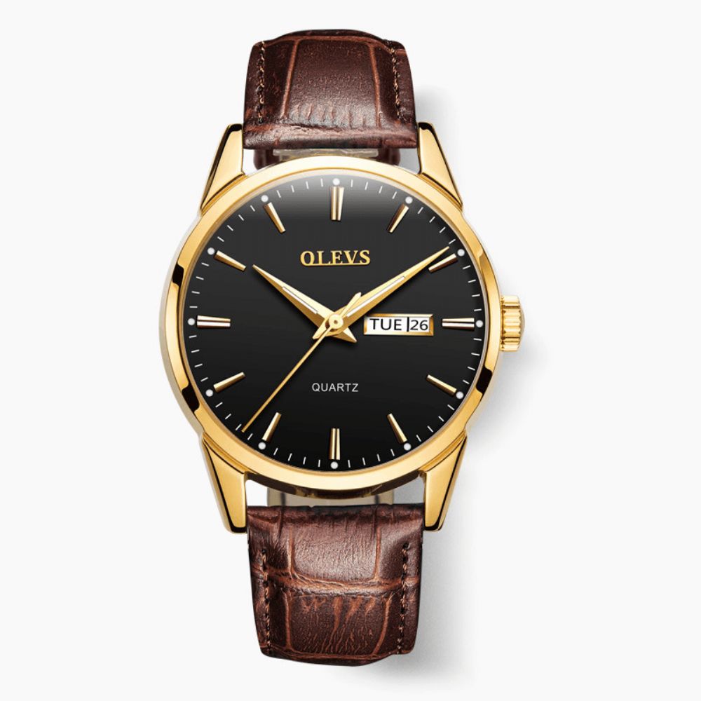 Olevs 6898 Mode Herenhorloge Datum Weekweergave Lederen Band Casual Quartz Horloge