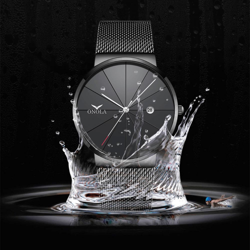 Onola Business Casual Legering Mesh Band Kalender Waterdicht Heren Quartz Horloge Polshorloge