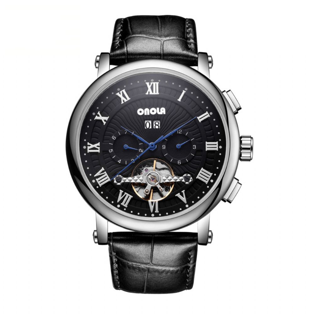 Onola On6801 Mode Heren Automatisch Horloge Vliegwiel Holle Datumweergave Lederen Band Mechanisch Horloge