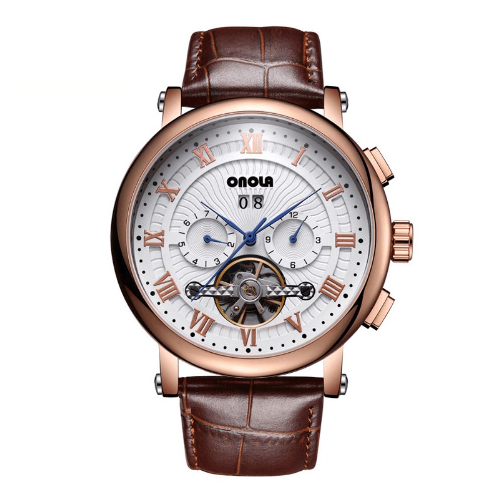 Onola On6801 Mode Heren Automatisch Horloge Vliegwiel Holle Datumweergave Lederen Band Mechanisch Horloge