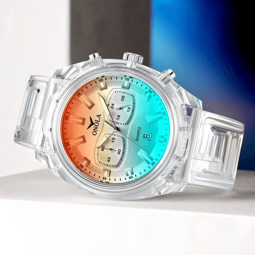 Onola On6812 Mode Herenhorloge Transparante Kast Datumweergave Chronograaf Creatieve Trend Quartz Horloge