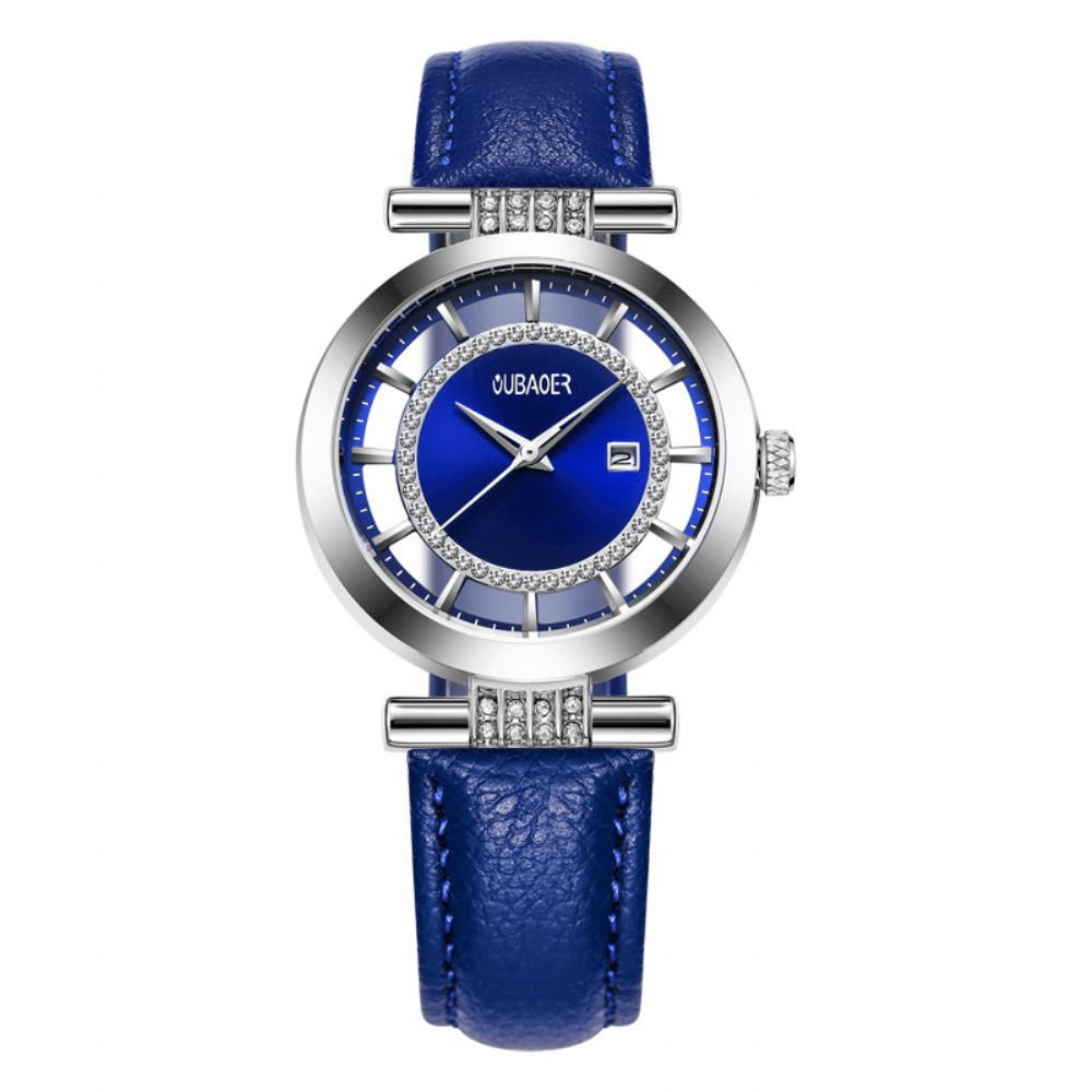 Oubaoer Ob2007 Blauwe Strass Dames Polshorloge Lederen Band Quartz Horloges