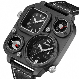 Oulm 1169 Vierkante Wijzerplaat Heren Polshorloge Dual Tijdzone Kompas Lederen Band Quartz Horloge