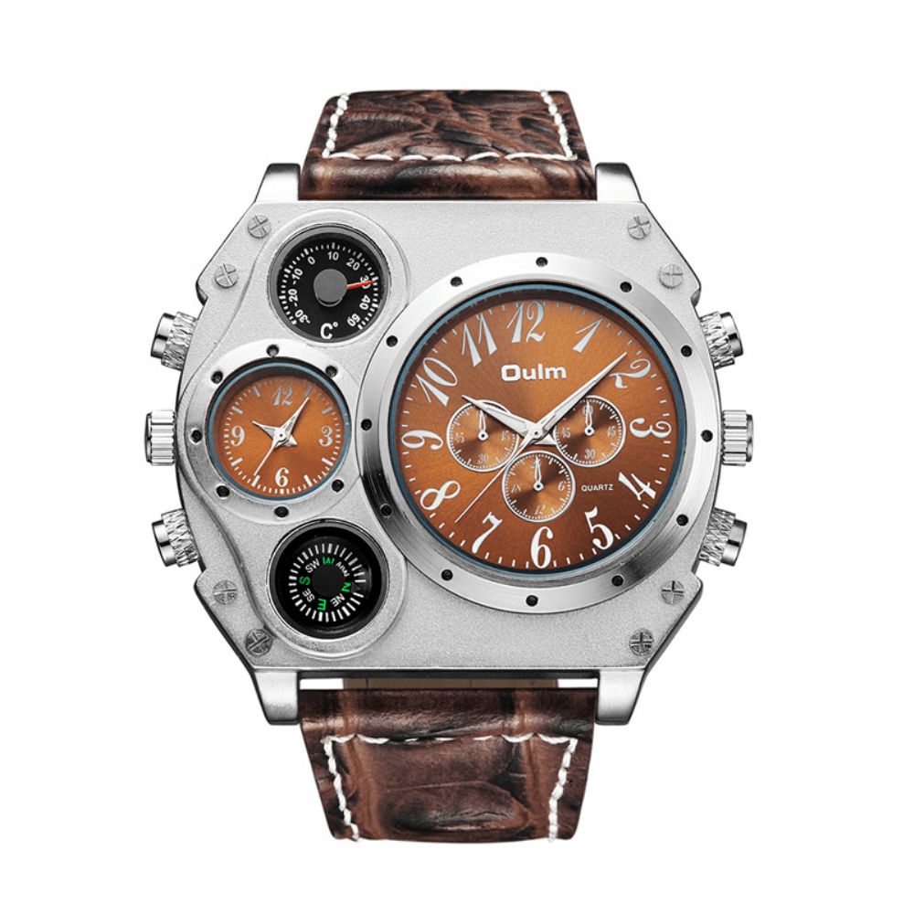 Oulm 1349 Dual Time Zones Creatief Quartz Horloge Grote Wijzerplaat Militaire Stijl Herenhorloges