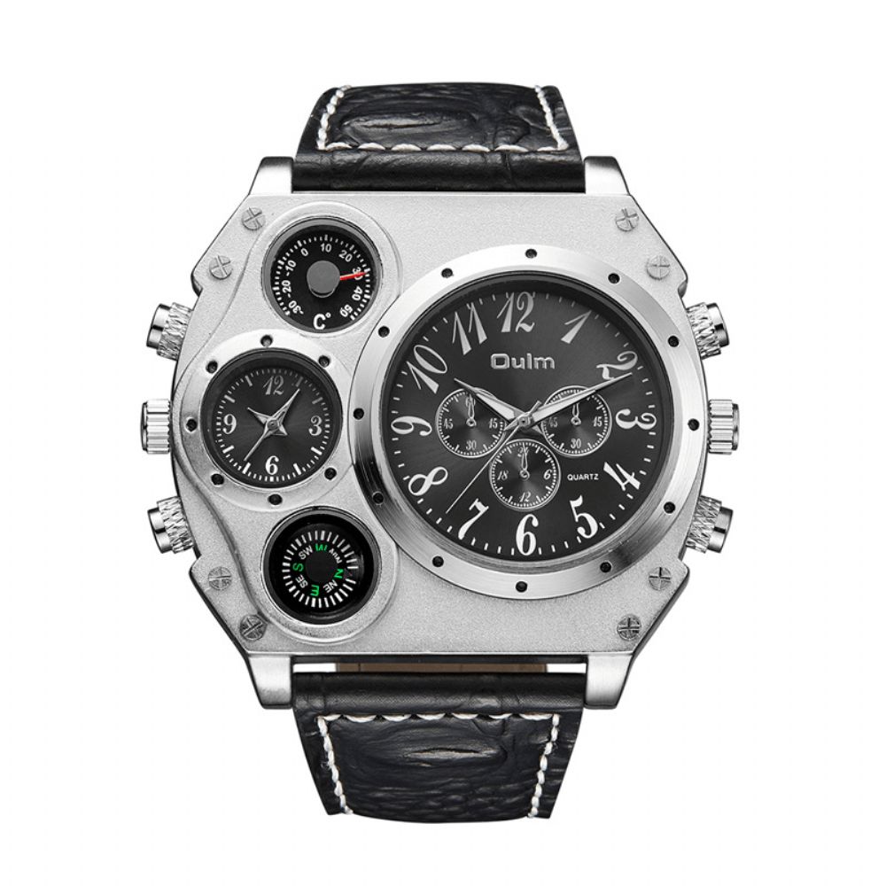 Oulm 1349 Dual Time Zones Creatief Quartz Horloge Grote Wijzerplaat Militaire Stijl Herenhorloges