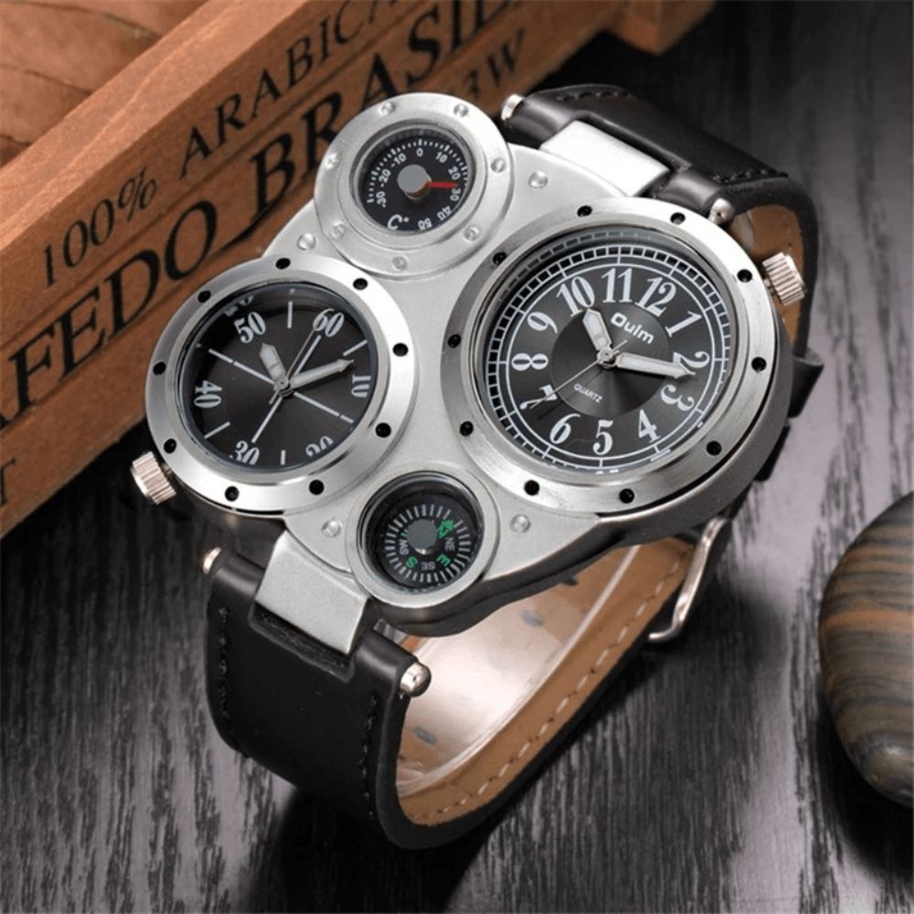 Oulm 3 Kleuren Lederen Legering Heren Vintage Horloge Versierd Wijzer Twee Tijdzone Kompas Thermometer Quartz Horloge