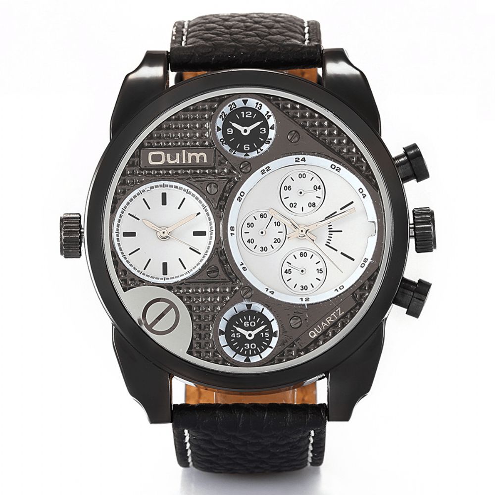 Oulm 9316 Vintage Mode Herenhorloge Grote Wijzerplaat Dual Time Zone Waterdichte Lederen Band Quartz Horloge