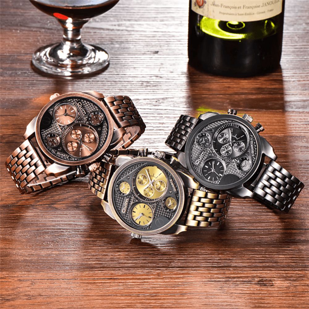 Oulm 9316 Zakelijke Stijl Volledig Stalen Heren Polshorloge Dual Tijdzones Quartz Horloge