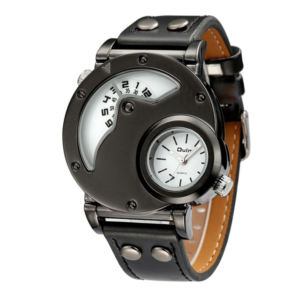 Oulm 9591 Casual Stijl Creatief Polshorloge Dual Tijdzones Lederen Band Quartz Horloges