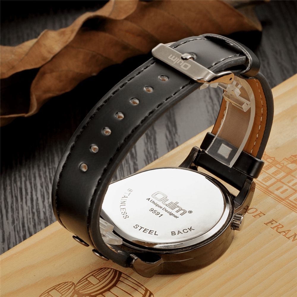 Oulm 9591 Casual Stijl Creatief Polshorloge Dual Tijdzones Lederen Band Quartz Horloges