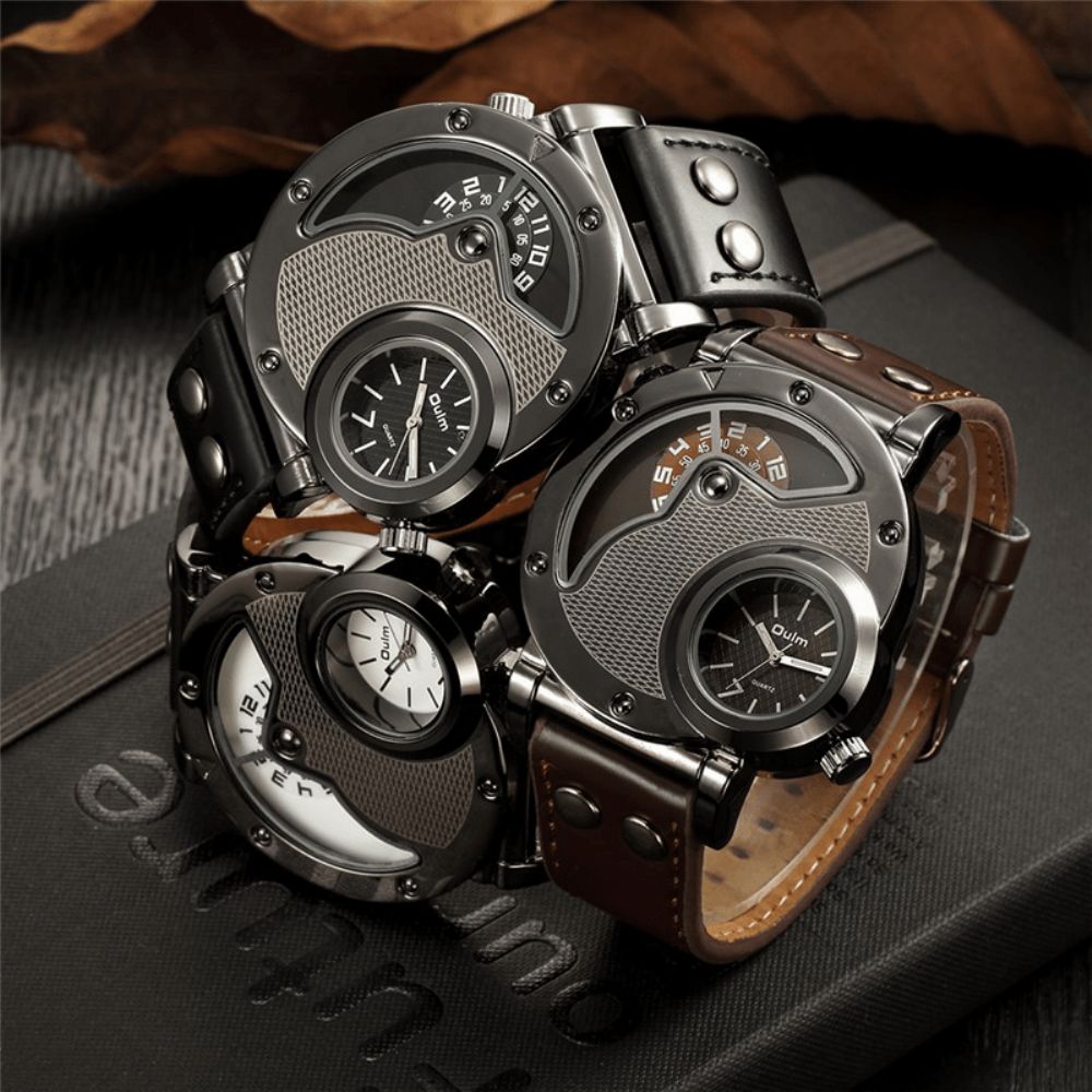 Oulm 9591 Casual Stijl Creatief Polshorloge Dual Tijdzones Lederen Band Quartz Horloges