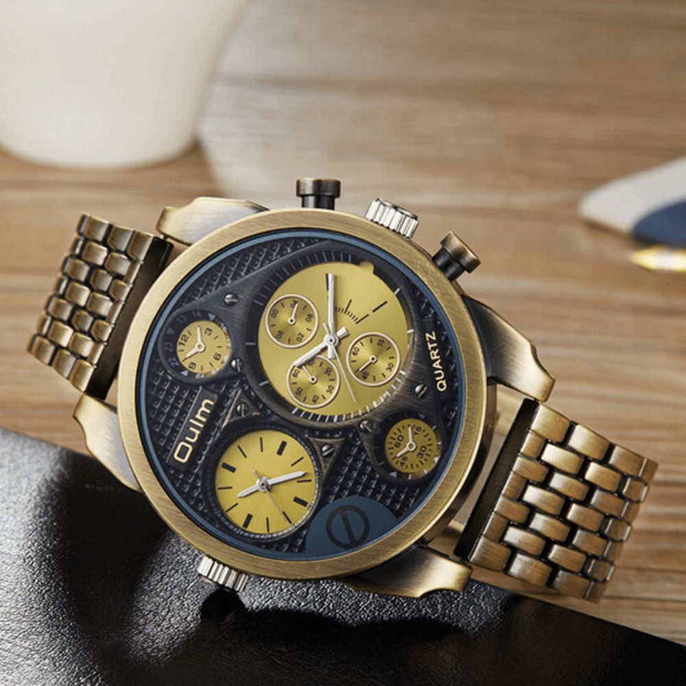 Oulm Business Vintage Grote Wijzerplaat Dual Time Zone Lichtmetalen Band Heren Quartz Horloge