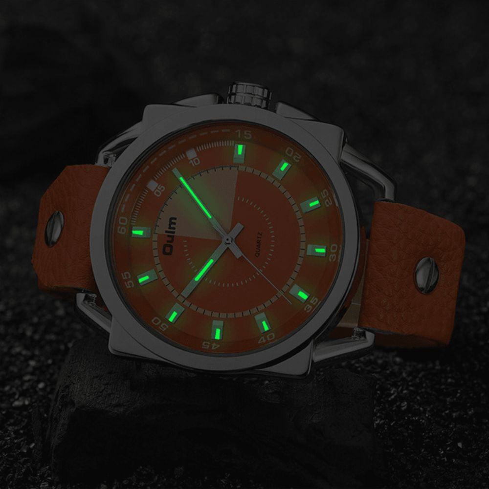 Oulm Casual Mode Lichtgevende Grote Wijzerplaat Pu Lederen Band Waterdicht Heren Quartz Horloge Polshorloge