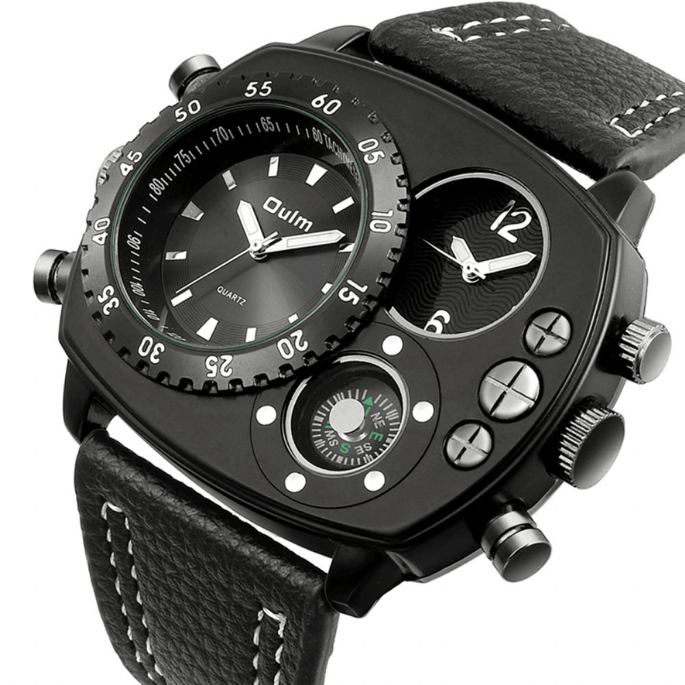 Oulm Herenhorloge Met Grote Wijzerplaat Dual Time Zone Compass Lederen Quartz Horloge