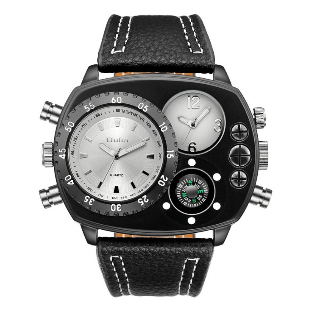 Oulm Herenhorloge Met Grote Wijzerplaat Dual Time Zone Compass Lederen Quartz Horloge