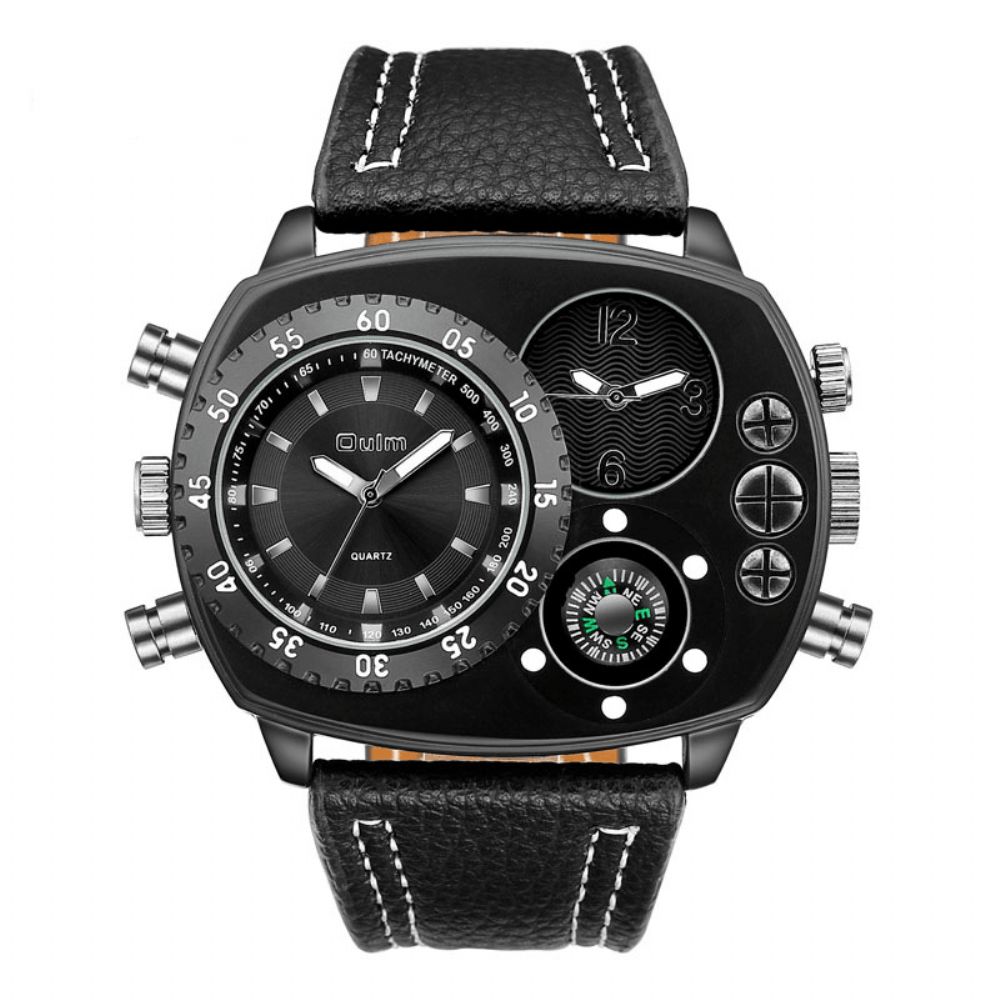 Oulm Herenhorloge Met Grote Wijzerplaat Dual Time Zone Compass Lederen Quartz Horloge