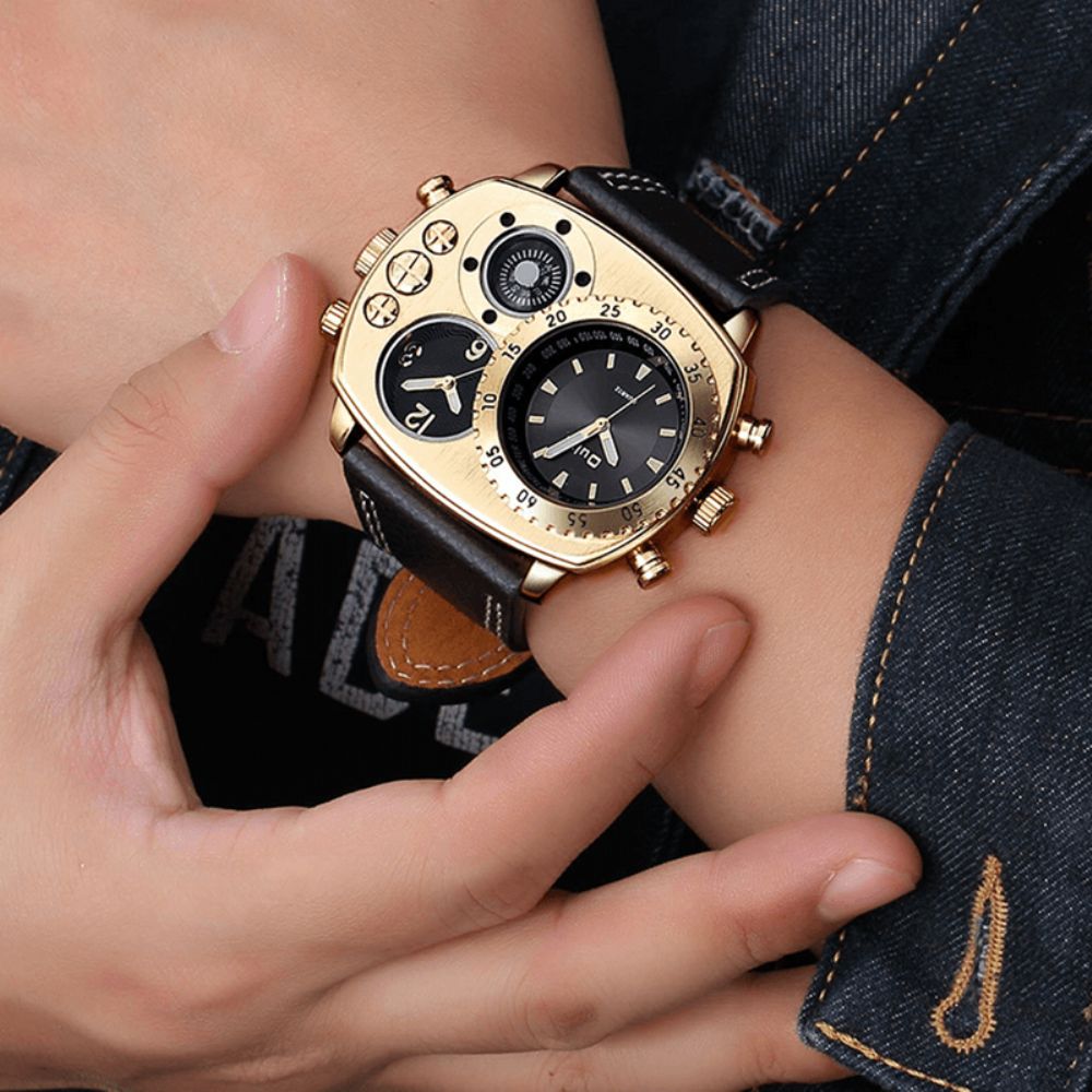 Oulm Herenhorloge Met Grote Wijzerplaat Dual Time Zone Compass Lederen Quartz Horloge