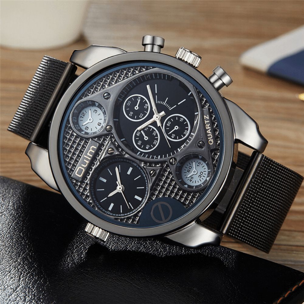 Oulm Ht9316B Vintage Mode Quartz Horloge Grote Wijzerplaat Dual Time Zone Mesh Band Herenhorloge