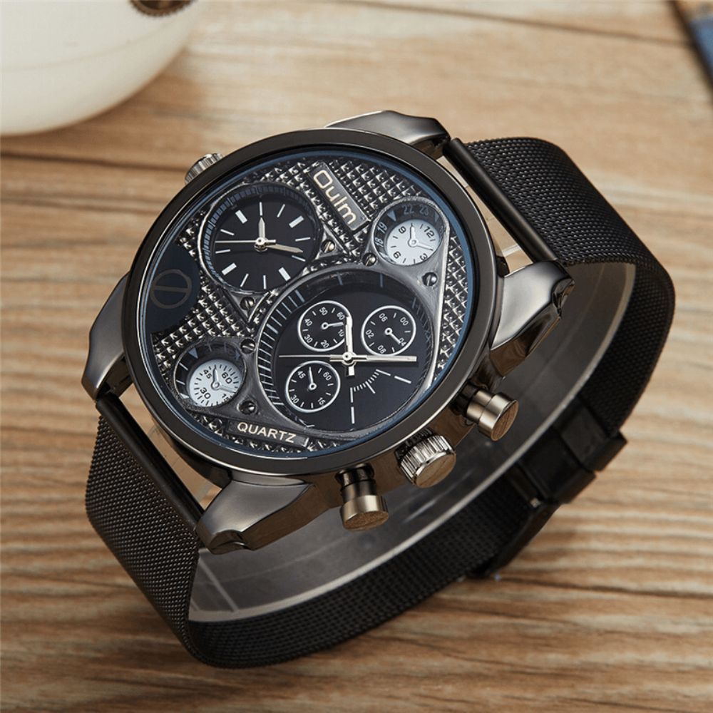 Oulm Ht9316B Vintage Mode Quartz Horloge Grote Wijzerplaat Dual Time Zone Mesh Band Herenhorloge