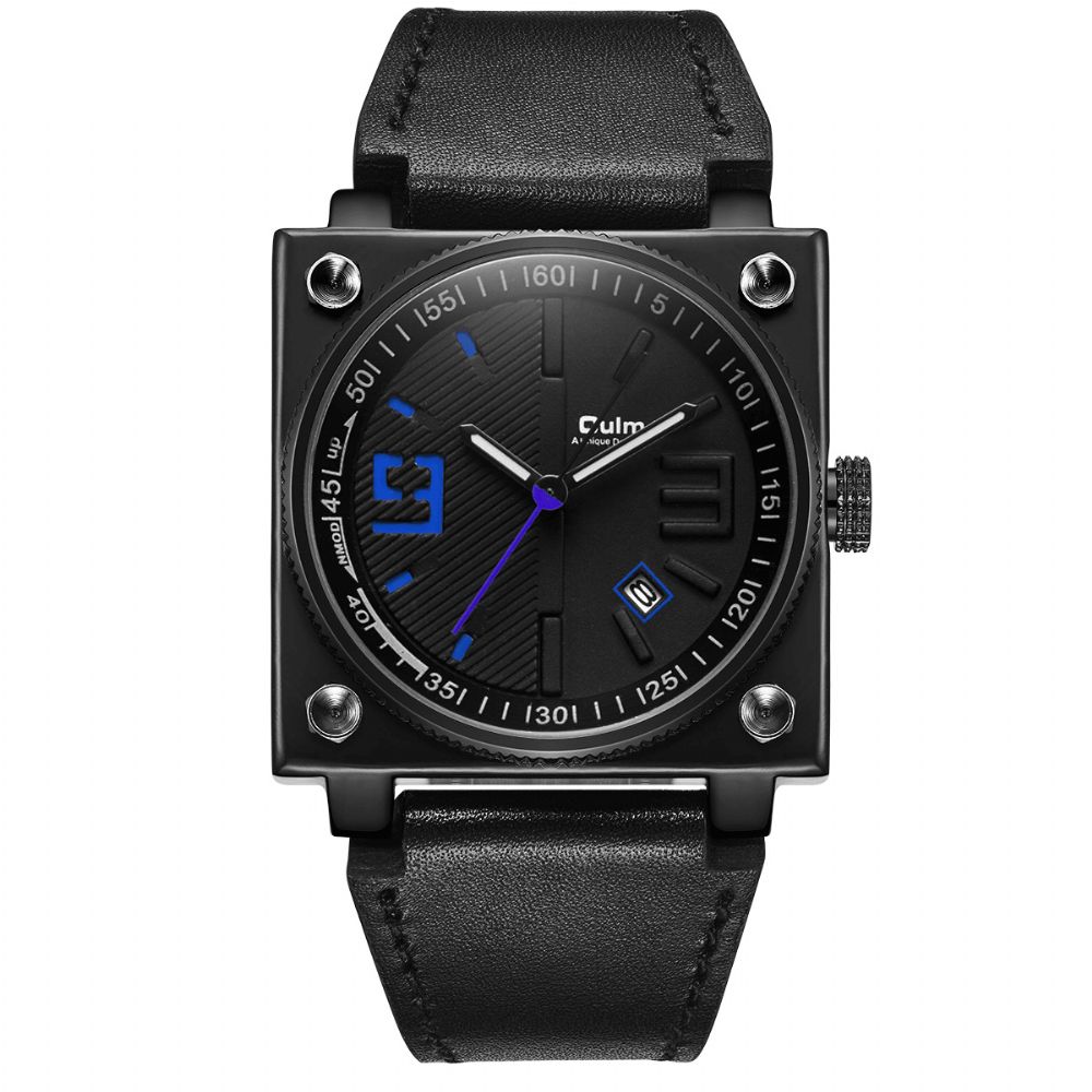 Oulm Mode Vierkante Lichtgevende Wijzer Lederen Band 3Atm Waterdicht Heren Quartz Horloge Polshorloge