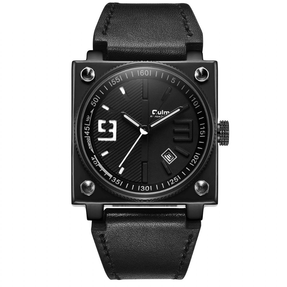 Oulm Mode Vierkante Lichtgevende Wijzer Lederen Band 3Atm Waterdicht Heren Quartz Horloge Polshorloge