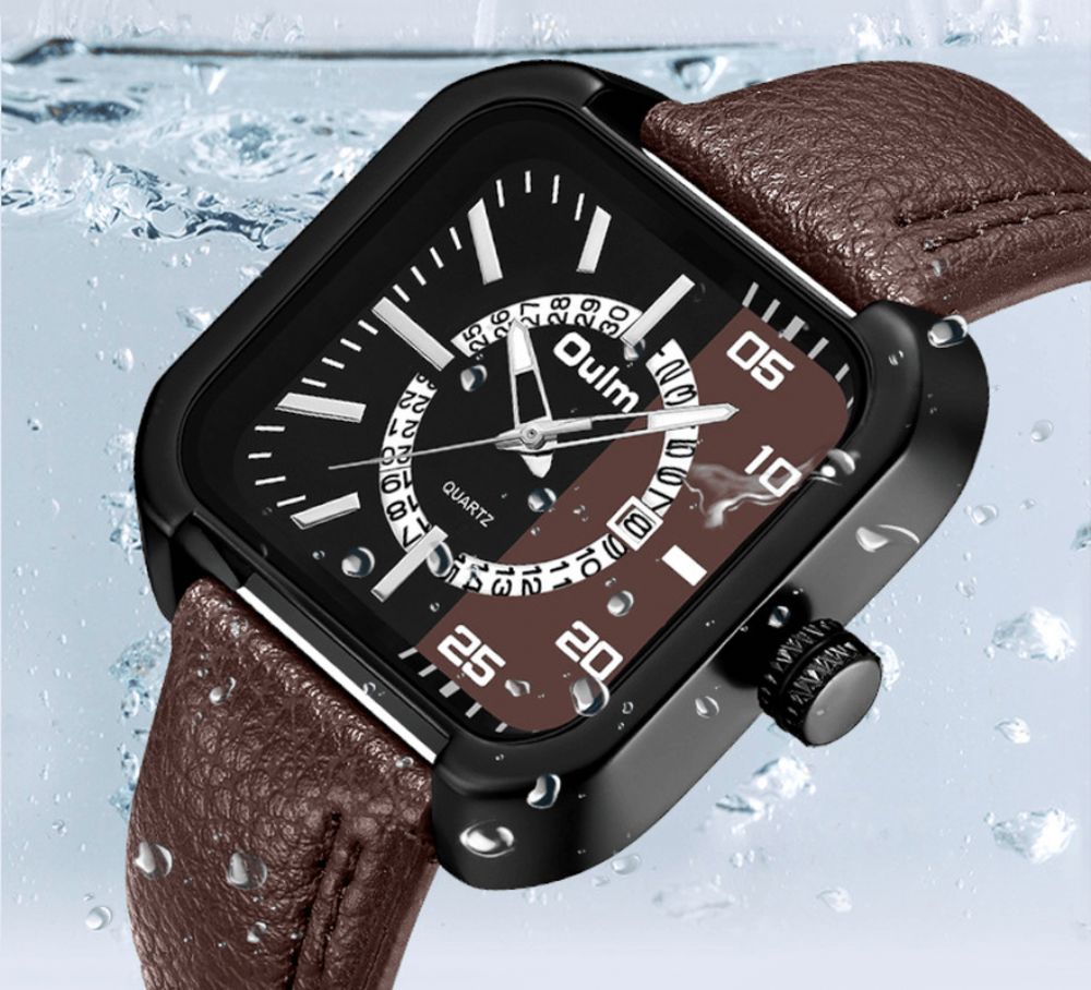 Oulm Square Met Kalender Wijzerplaat Pu Lederen Band 3Atm Waterdicht Heren Quartz Horloge