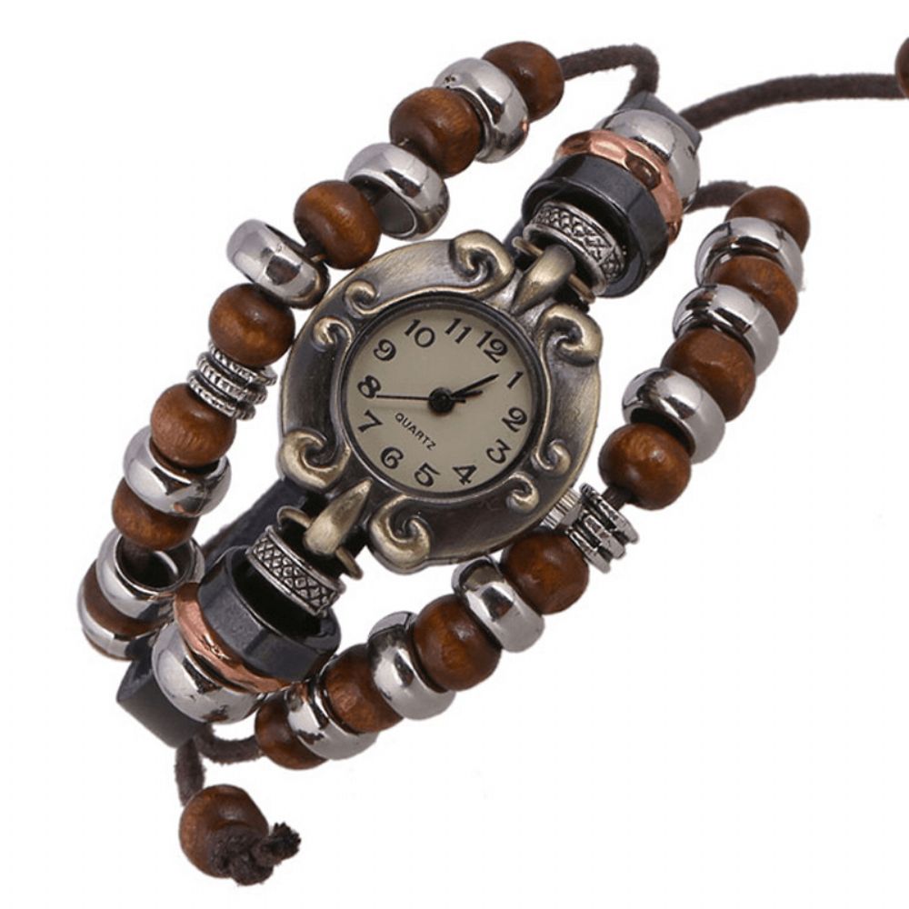 Pangke Vintage Meerlaags Quartz Horloge Verstelbare Lederen Band Kralen Armband Horloge