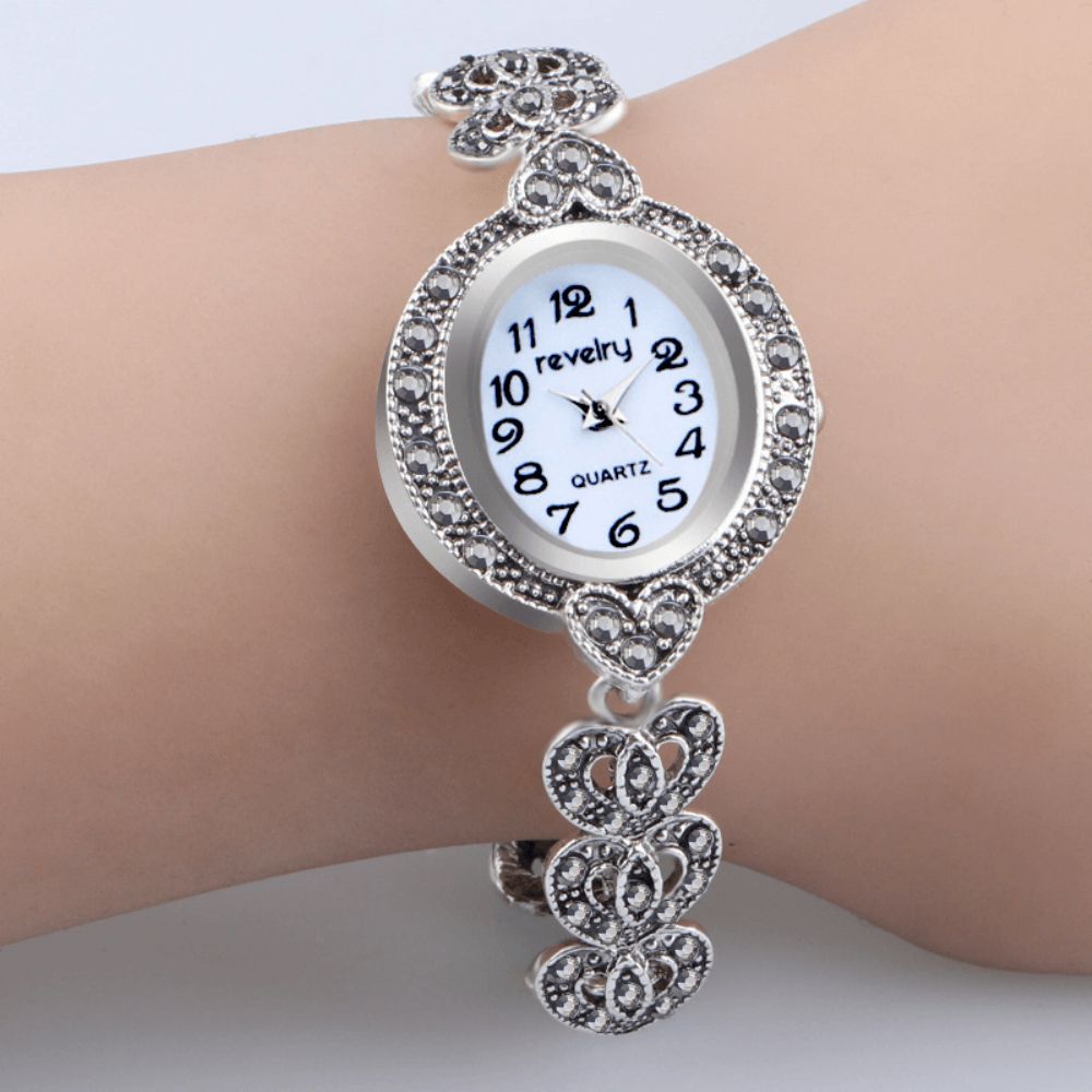 Qingxiya T10 Waterdicht Kristal Dames Armband Horloge Retro Stijl Liefde Hart Quartz Horloge