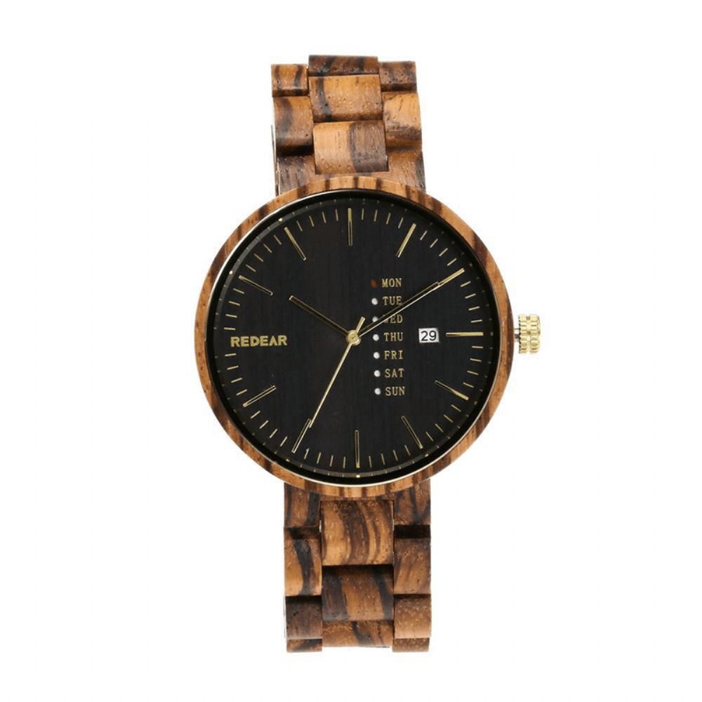 Redear Sj1488 Mode Heren Houten Horloge Datum Week Display Houten Band Quartz Horloge