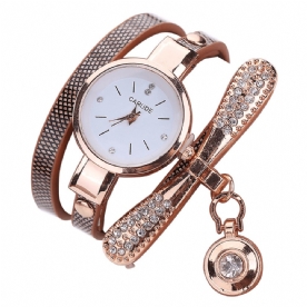 Retro Pu-Band Multi-Layer Lady Horloge Metalen Geometrische Strass Boog Hanger Vrouwen Quartz Horloge