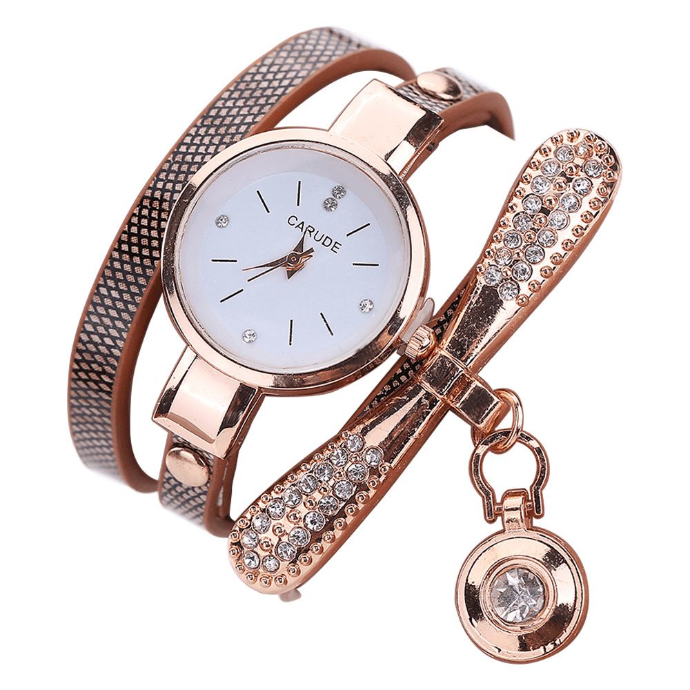 Retro Pu-Band Multi-Layer Lady Horloge Metalen Geometrische Strass Boog Hanger Vrouwen Quartz Horloge