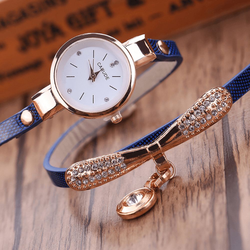 Retro Pu-Band Multi-Layer Lady Horloge Metalen Geometrische Strass Boog Hanger Vrouwen Quartz Horloge