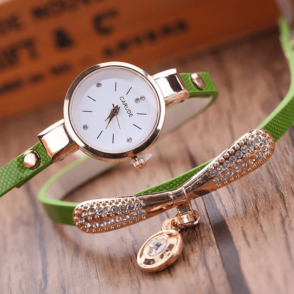 Retro Pu-Band Multi-Layer Lady Horloge Metalen Geometrische Strass Boog Hanger Vrouwen Quartz Horloge