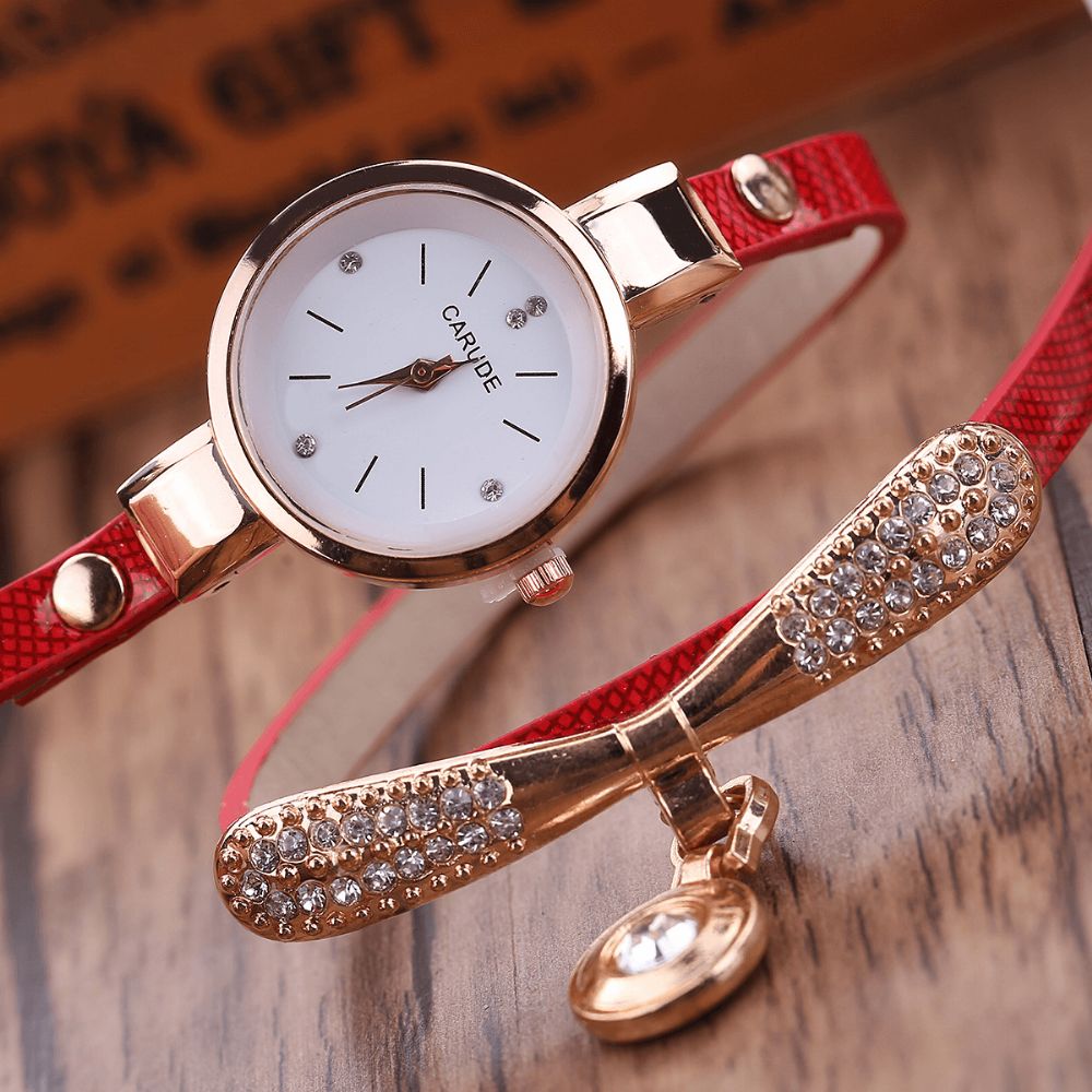 Retro Pu-Band Multi-Layer Lady Horloge Metalen Geometrische Strass Boog Hanger Vrouwen Quartz Horloge