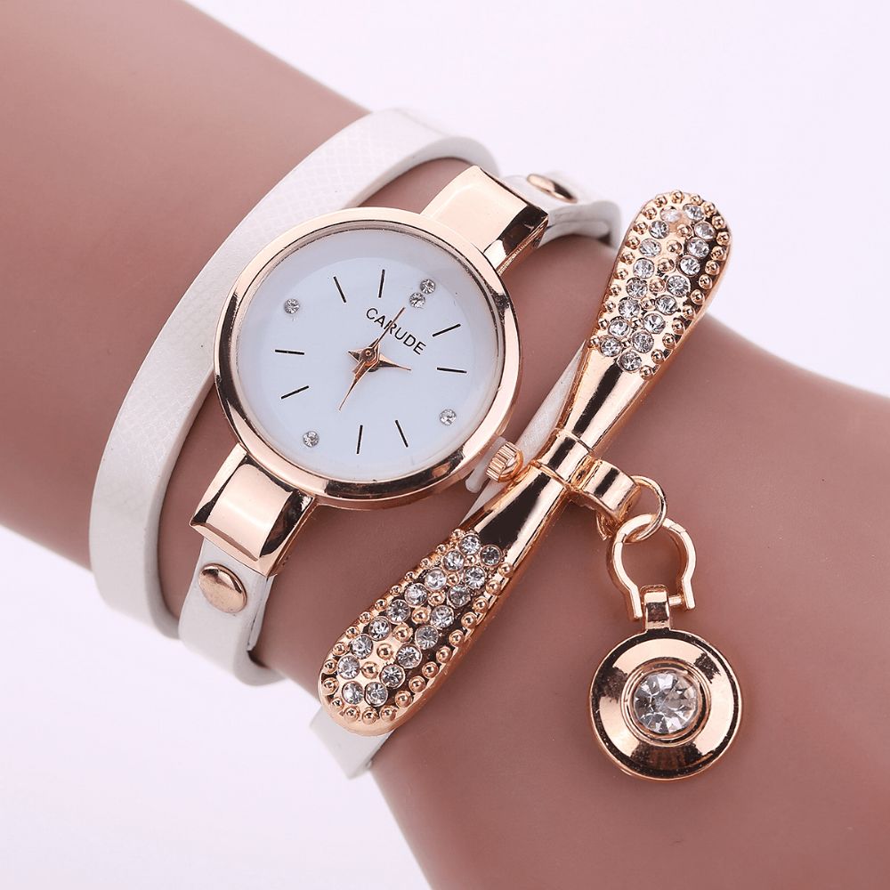 Retro Pu-Band Multi-Layer Lady Horloge Metalen Geometrische Strass Boog Hanger Vrouwen Quartz Horloge